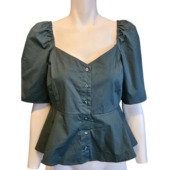 2/$35-Gap Sweetheart Button Front Peplum Blouse Puff Sleeves Womens M Petite - Picture 1 of 8